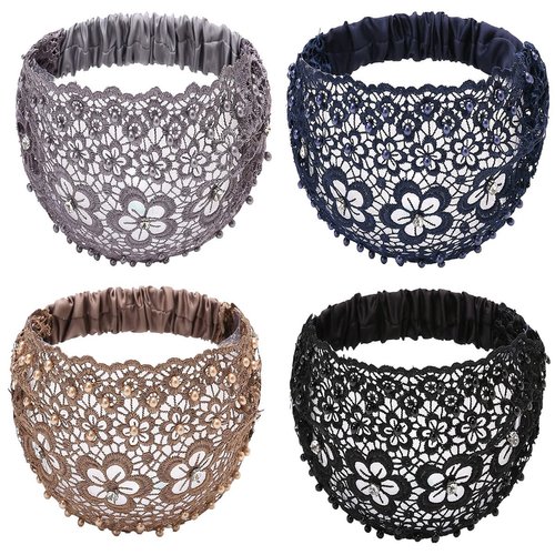 FZBNSRKO 4 Pcs lace headbands for women,Wide Floral Pearl Lace Elastic Headbands Hair Accessories for Women Fashion,Random color