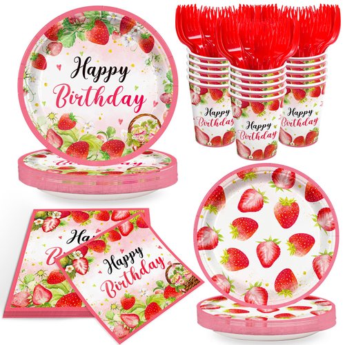 120pcs Strawberry Party Plates Napkins Strawberry Birthday Party Supplies Happy Birthday Strawberry Tableware for Girls Kids Birthday Party Serve 24 Guests