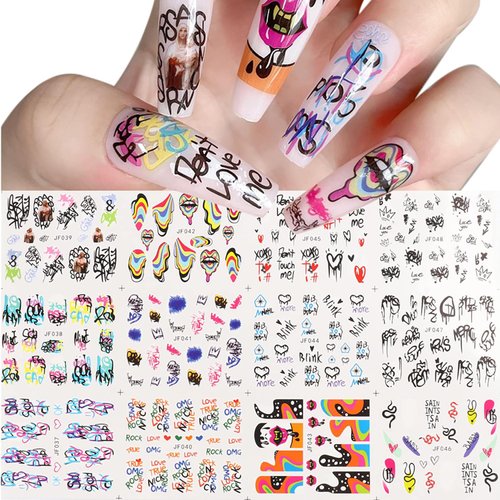 Graffiti Writing Nail Art Stickers Decals Personality Letters Nail Supplies Water Transfer Colorful Stripes Lips Nail Decoration DIY for Women Girls Unique Personality Doodle 12 Sheets