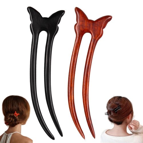 KingcanY Wooden 2-Prong Hair Forks, Handmade Retro Sandalwood Hair Sticks French Hair Chopsticks Hair Pins Hairpin, Hair Accessory (Red butterfly+Black butterfly), Black+red