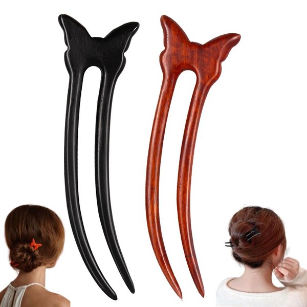 KingcanY Wooden 2-Prong Hair Forks, Handmade Retro Sandalwood Hair Sticks French Hair Chopsticks Hair Pins Hairpin, Hair Accessory (Red butterfly+Black butterfly), Black+red