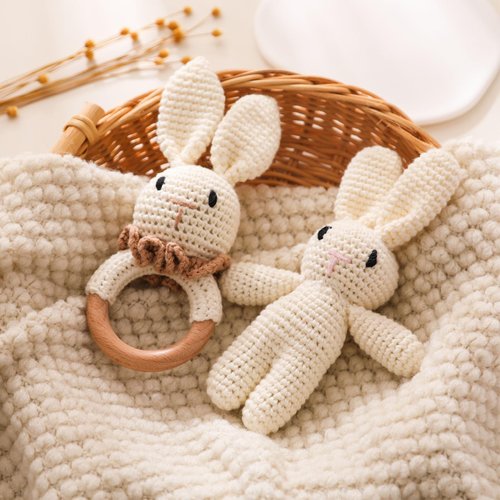 Wooden Baby Rattle, Crochet Bunny Rattle and Crochet Bunny Doll Set, Newborn Wooden Animal Rattle Toy, Baby Wooden Rattle Toy 2PCS