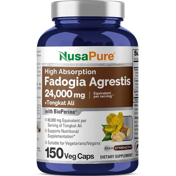 NusaPure Fadogia Agrestis 24,000mg + Tongkat Ali 80,000mg - 150 Veggie Caps - Non-GMO, Made in USA, Serving 2 VCaps, BioPerine