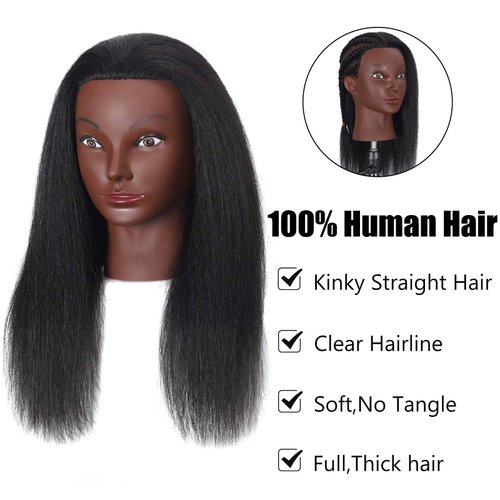 16"Mannequin Head 100% Human Hair Hairdresser Training Braiding Styling Manikin Cosmetology Makeup Manican Doll Display Practice with Stand(Black 16inch A)