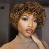 Hanne Fashion Short Curly Human Hair Wig for Black Women Mixed Brown Curly Bob Wigs Side Part Pixie Cut Wig Brazilian Remy Human Hair Non Lace Glueless Wigs (P4/27/30)