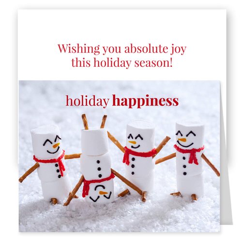 Marshmallow Snowmen Holiday Card Pack / 25 Seasonal Greeting Cards Including Envelopes/Whimsical Winter Happiness Food Design And Joyful Wishes Note