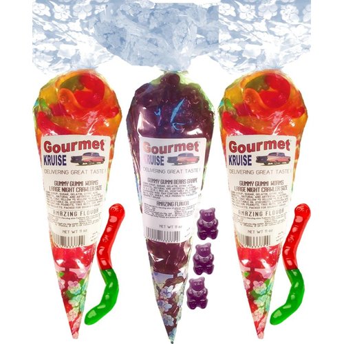 Gummy Worms (2) Wild Fruit Assorted (1) Purple Grape Gummi Bears (NET WT 33 OZ) Gourmet Kruise Signature Gift Bags