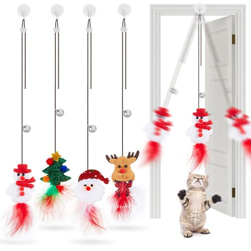 Seenelling 4 Pcs Christmas Cat Toy Hanging Door Interactive Christmas Cat Feather Toys with 74.8 Inch Long Elastic Rope Retractable Kitten Toys with Bell for Christmas Indoor Cats Kitten, 4 Styles