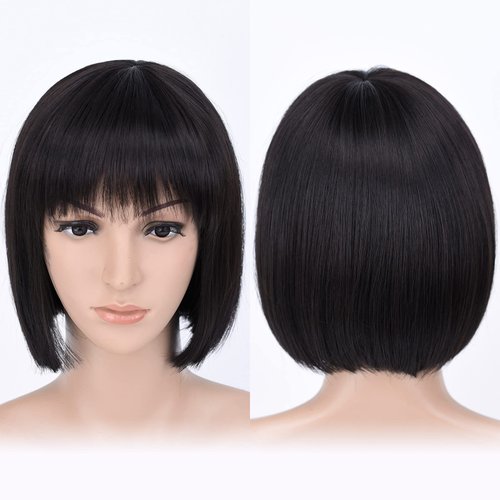 HSPJHTM Black Bob Wigs,10" Short Bob Wigs with Bangs, Straight Bob Wigs for Women, Synthetic Short Bob Wigs Heat Resistant Fiber Wigs for Daily Party Cosplay (Free Wig Cap)