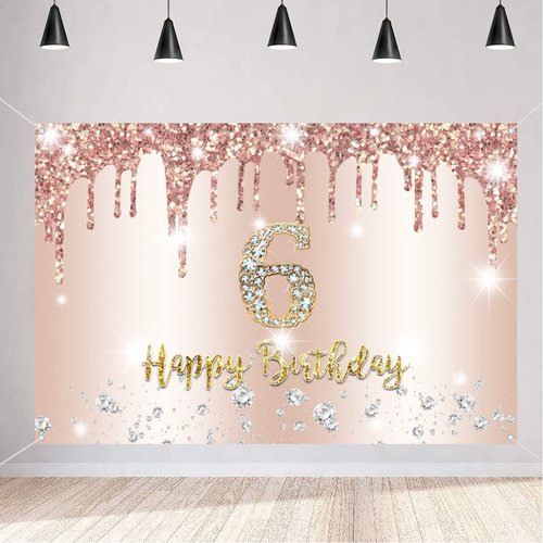 Happy 6th Birthday Decorations Backdrop Banner for Girls 6 Years Old Fabric Sign Poster Girl Rosegold Photography Background 6th Birthday Party Supplies, 59"x35.4"