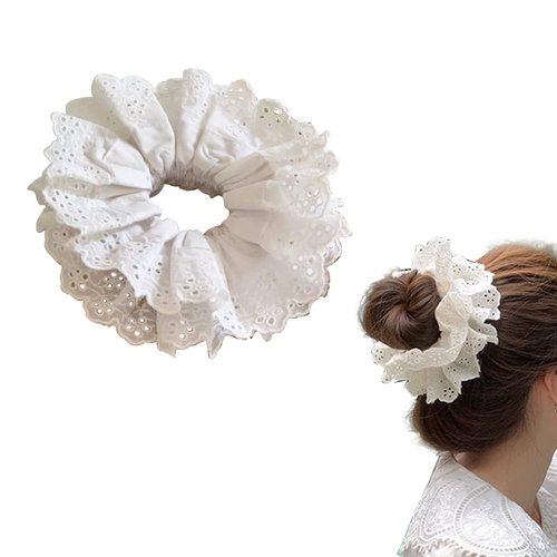 Hair Ties for Women Hair Scrunchies Girls 1 Piece Set White Lace Design Premium Fabric Ponytail Holder Hair Tie (White)