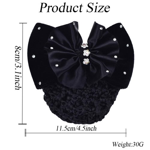 Women Black Bowknot Snood Net Barrette with Rhinestone Elastic Hair Bun Cover Hair Clip Hairnet Lace Bow Headdress for Bank Clerk Nurse Air Hostess