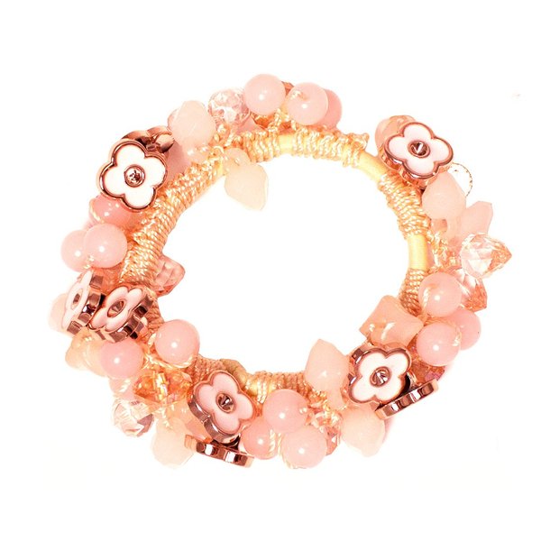 Mia Beaded Ponytailer, 2 in 1 Hair Accessory, Ponytail Wrap + Bracelet, Beautiful Pink Crystals With Rose Gold Pretty White Flowers, Elastic Rubberband, For Women and Girls 1pc
