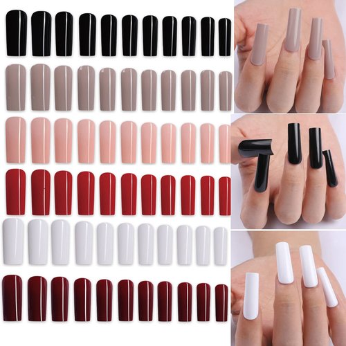 AddFavor 144pcs Press on Nails Long Tapered Square Fake Nails Glossy Full Cover Colored Acrylic Nail Tips for Women and Girls Fingernail Manicure