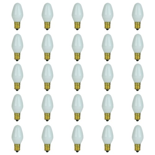 Sunlite 01285 7C7 Incandescent Bulb, 7 Watt, Candelabra E12 Base, C7 Small Night Light, Colored Bulb, White, 25 Count