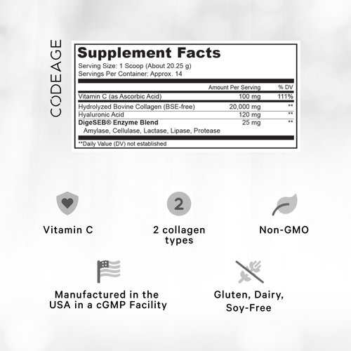 Codeage Collagen Peptides Powder + Vitamin C, Digestive Enzymes, Hyaluronic Acid, Amino Acids - Hydrolyzed Protein Collagen Type I & III Grass Fed Collagen - Non-GMO, Gluten-Free, Unflavored - 9.98 oz