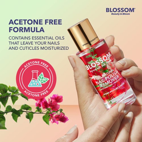 Blossom All Natural Acetone Free Nail Polish Remover, Scented, Organic Plant-Based, Vegan, Cruelty Free, Infused with Real Flowers, 2 fl. oz., Spring Bouquet