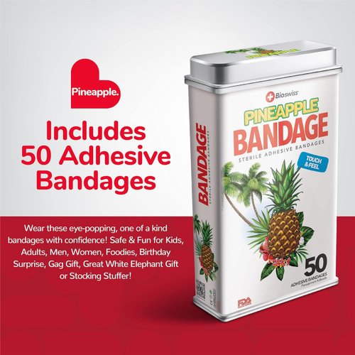 BioSwiss Bandages, Pineapple Shaped Self Adhesive Bandages, Latex Free Sterile Wound Care, Fun First Aid Kit Supplies for Kids, 50 Count