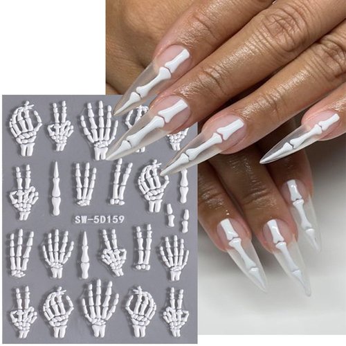 5D Halloween Skeleton Nail Decals 2pcs Retro Relief Skeleton Hand Nail Stickers Self-Adhesive White Skeleton Hand Bone Designs Stickers for Nails Halloween Back Glue Nail Accessories for Women
