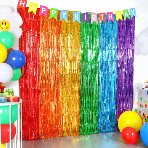 Rainbow Foil Fringe Curtains, 2 Pack Rainbow Party Decorations 3.3x6.6ft Rainbow Fringe Streamer Backdrop for Birthday Party