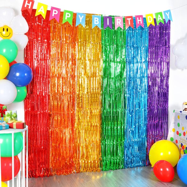 Rainbow Foil Fringe Curtains, 2 Pack Rainbow Party Decorations 3.3x6.6ft Rainbow Fringe Streamer Backdrop for Birthday Party