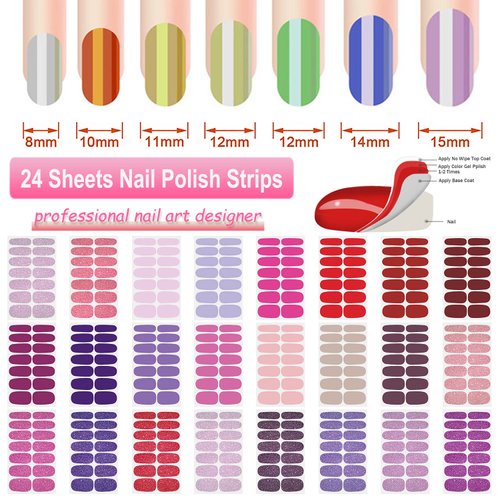 DANNEASY 24 Sheets Full Nail Wraps Nail Polish Stickers for Women Solid Color Nail Polish Strips Gel Nail Strips Self Adhesive Fingernail Stickers Manicure Kit with 1pc Nail File, Cuticle Stick