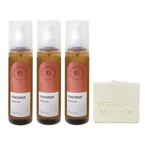Bath & Body Works Coconut 3 Pack Perfume Mist Bundle with a Natural Oats Bar Soap - Full Size
