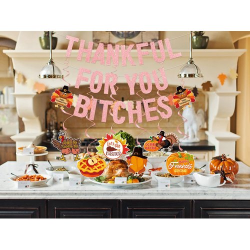 TF Girly Friendsgiving Party Decorations with Hanging Swirls, Pink Glitter Friendsgiving Decorations for Girl Home Office, Friendsgiving Banner, Thanksgiving Decorations for Mantel Fire Place Party