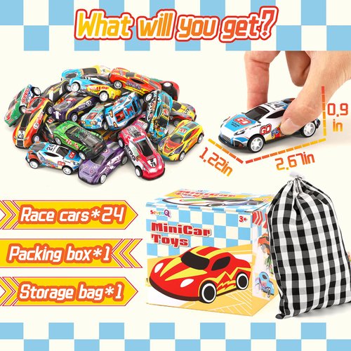 SevenQ Toy Cars for Kids, 24Pcs Race Cars Pull Back Cars Playsets with Storage Bags,Party Favors Kids Prizes Fillers Bulk Gifts for Boys and Girls Car Game Treasure Chest