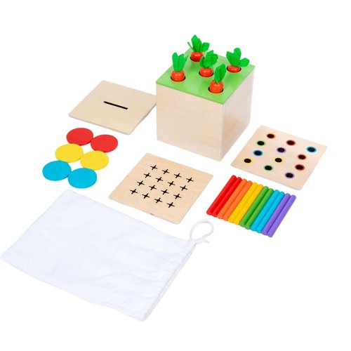 4 in 1 Montessori Play Kit Box - Cotton Swab Board Fine Motor Skills Game,Coin Box, Carrot Harvest Game, Matchstick Color Drop Game – Montessori Toys for Babies 6-12 Months, 1 Year, 2 Year