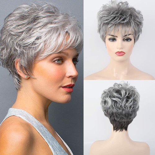 HAIRCUBE Short Curly Gray Wigs for Women Pixie Cut Wig Grey Easy-Care Human Hair Wigs for Women