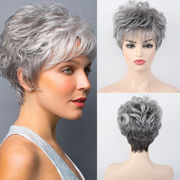 HAIRCUBE Short Curly Gray Wigs for Women Pixie Cut Wig Grey Easy-Care Human Hair Wigs for Women