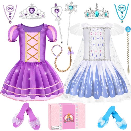 Princess Dress Up for Little Girls, Princess Costumes with Crown, Wig, Cane, Shoes, Jewelry Kids Pretend Role Play Dress Up Clothes Toys Birthday Gift Party Favors for Girls Toddler Age 3 4 5 6+ Years