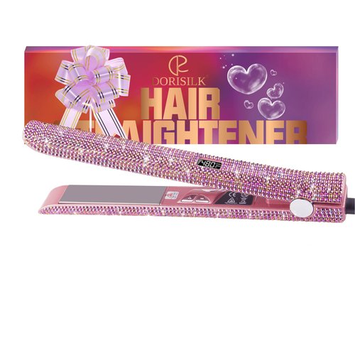 DORISILK 480°F High Temp Hair Straightener and Curler, Titanium Flat Iron Rhinestone Straightening Iron, 2 in 1 Straightening Curling 1“ Salon Professional Dual Voltage Crystal Bling Rose Pink