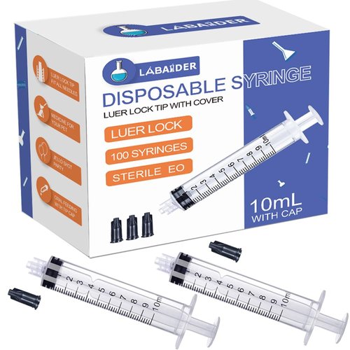 10mL/cc Plastic Luer Lock Syringes Without Needle, Individually Sterile Wrapped, with Tip Cap, for Liquid,Scientific Labs, Measuring, Dispensing