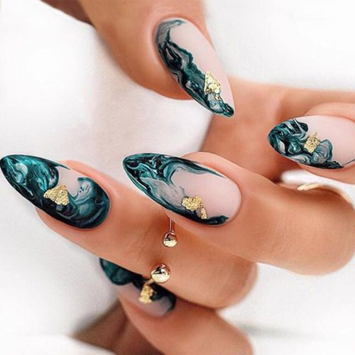 Long Almond Press on Nails Green Marble Pattern Gold Foil Fake Nails Reusable Artificial False Nails with Design Full Cover Acrylic Nails Natural Stick on Nails Glue on Nails for Women DIY Manicure