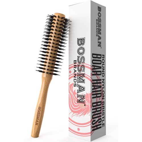 Bossman Boar & Nylon Bristle Hair Brush - Hair Styling Christmas Gifts for Dad, Husband, and Brother - 2 inch Round Brush - Blow Dryer Brush for Styling, Curling - Detangling Hair Dryer Brush