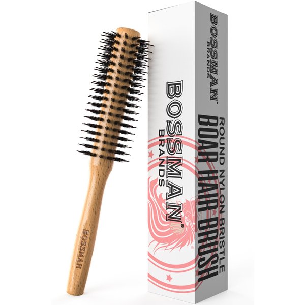 Bossman Boar & Nylon Bristle Hair Brush - Hair Styling Christmas Gifts for Dad, Husband, and Brother - 2 inch Round Brush - Blow Dryer Brush for Styling, Curling - Detangling Hair Dryer Brush