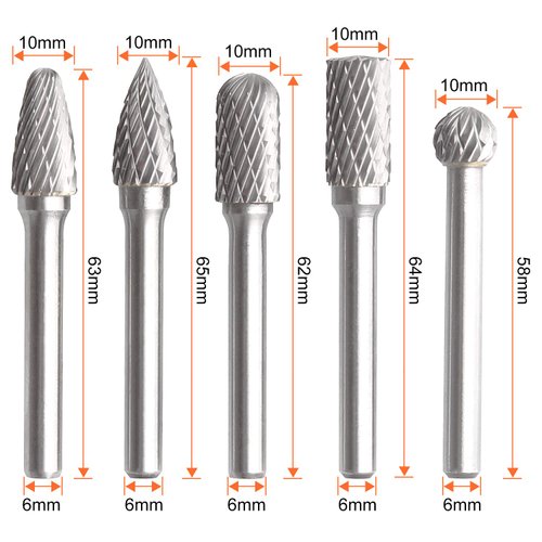 5 Pcs 10MM Tungsten Double Cut Carbide Burr Set, Acrux7 1/4 Inch Shank Head Carbide Rotary Burr Set, Die Grinder Bits for Die Grinder Drill, DIY Wood-Working Carving, Engraving, Metal Polishing