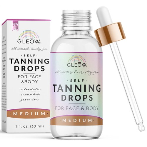GLEOW Face Tanning Drops to Add to Moisturizer - Medium Bronzing Drops for Face & Body - Quick Tan Drops - Tanning Drops for Your Face - Face Self Tanner Drops 1oz - Non Toxic Self Tanner Face Drops