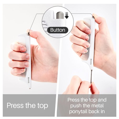 RHOS Carbon Retractable Rat Tail Comb for Parting, Portable Fine Tooth Teasing Comb for Styling, Hair Cutting, Braiding-Stainless Steel Pin Tail Teasing Comb(White)