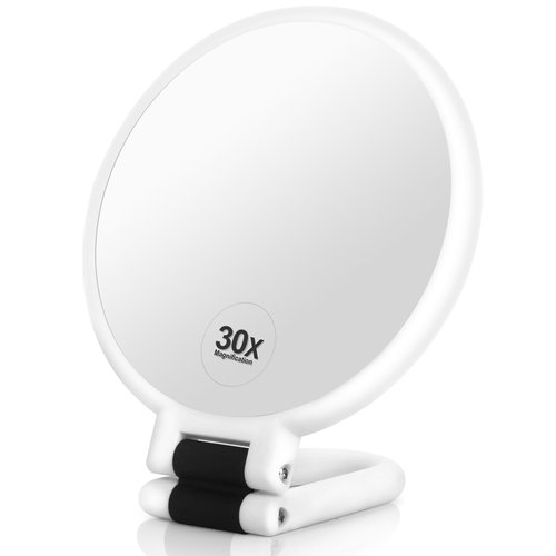 Martvex 1x 30x Magnifying Travel Mirror, Hand Mirror with Handle - Double Side Hand Held Mirror with 1x30x Magnification & Foldable Handle, Portable Travel Makeup Hand Mirror for Women (White)