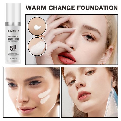 2PCS Color Changing Foundation with SPF 50 +++,Moisturizing Liquid Foundation Makeup Kit with 2 Makeup Sponges,Oil Control Long Lasting Non-greasy Concealer Full Coverage Foundation for All Skin Types