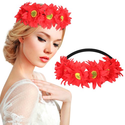 YASUOA Red Flower Crown Headband, Elastic Rainbow Flower Crown for Women and Girls, Adjustable Pride Rainbow LGBT Accessories, Ideal for Birthdays, Christmas, Shopping, Daily Decoration