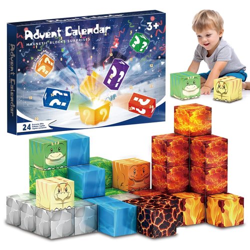 Magnetic Mine Building-Blocks World Dinosaur Toys, Magnet Montessori Holiday Building Set Cubes, Christmas 24 Days Countdown Stocking Stuffers for Boys & Girls Ages 4-8