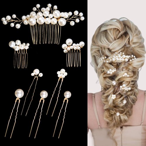 8 Pcs Pearl Hair Combs Set Wedding Bridal Rhinestone Hair Pins for Bridesmaids Brides Flower Girl...