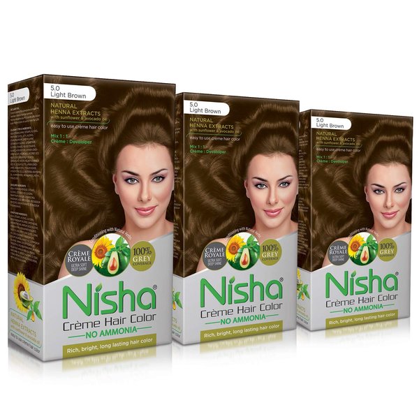 Nisha Creme Hair Color Pack of 3 Light Brown,Beautiful Color Permanent Hair Dye,Long-Lasting High-Definition Color,Shine & Silky Softness, Permanent Hair Color,Ammonia Free, Vegan, Cruelty Free