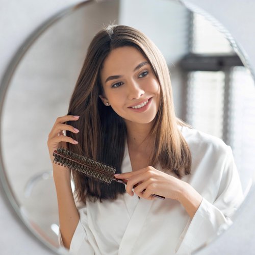 VOCOSTE Nylon Bristle Round Curling Hair Ruled Comb with Wood Handle, Soft Natural Bristle Ruled Brush for Hair Drying Styling, Brown, S Size, 12 Row