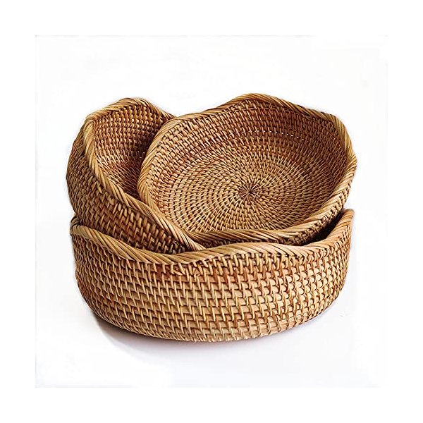 YANGQIHOME Rattan Bread Basket, Round Fruit Baskets, Wicker Storage Bowls, Natural Woven Serving Basket Bowls, Decorative Baskets for Kitchen Counter Organizing, set of 3