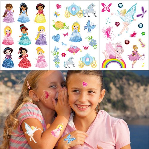 Konsait 180pcs Glitter Tattoos for Kids,Glitter Flash Temporary Tattoos Flower Fairy/Princess/Butterfly/Animal Fake Tattoo Sticker for Girls Children Birthday Party Favor Gift Bag Filler Rewards